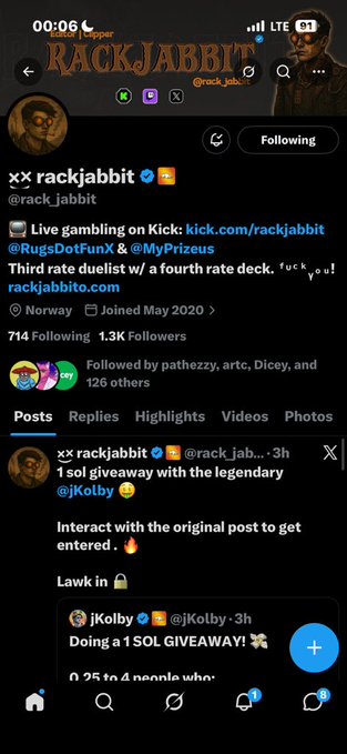 The image features a Twitter screen with several posts and mentions related to a particular hashtag called "rackjabbit" or "rackjumpers". On this screen, there are three individuals engaged in conversation, including Kolby, @snoopy6, and @hiver232. The posts displayed on the screen contain various emojis and links that relate to their conversations about the hashtag.