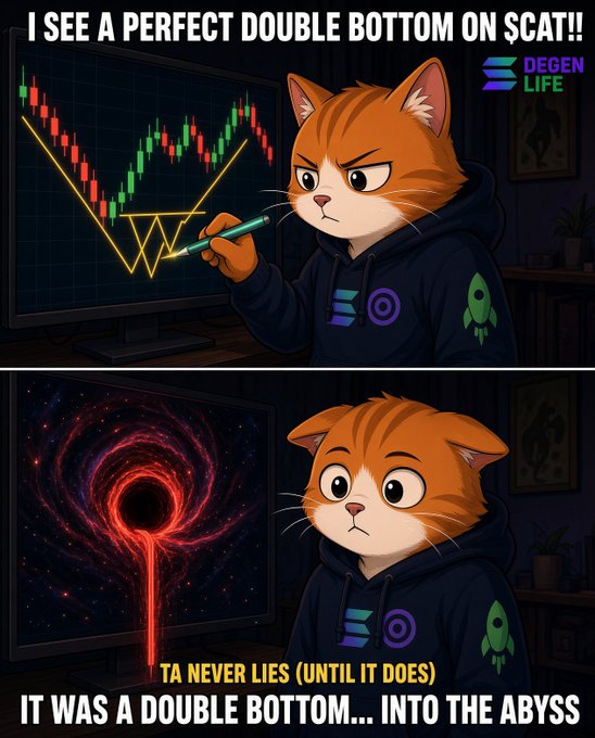 A two-panel 'Degen Life' meme featuring an orange cat: the top panel says 'I SEE A PERFECT DOUBLE BOTTOM ON $CAT!' with a chart, and the bottom panel jokes 'IT WAS A DOUBLE BOTTOM... INTO THE ABYSS' with a black hole image.
