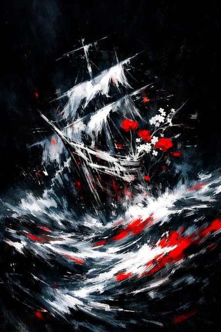 An expressive painting depicts a pirate ship with white sails on stormy waves, accompanied by splashes of red and white flowers against a dark background.