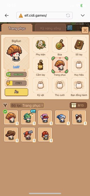 A mobile game interface from "elf.cidi.games" displays a character inventory screen featuring a "Trang phục" (Outfits) tab with various chibi characters like "BigSun" at Level 87, along with pet companions in a collection grid.