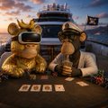 A promotional image celebrating giveaway winners, featuring two cartoon pirate characters dressed in gold and standing on either side of a treasure chest with playing cards scattered in front, with a pirate ship and skull-and-crossbones flag in the background. The post lists 10 winners who each received $10 USDT, totaling $100 in prizes plus a grand prize.