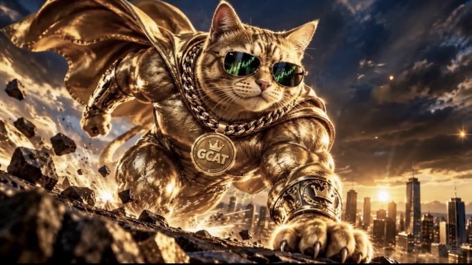 A muscular tabby cat donning a golden superhero suit, green reflective sunglasses, and a "GCAT" medallion leaps over a city skyline, embodying the "Buy the Meow, Chase the Gold" rallying cry with its bold, heroic stance.