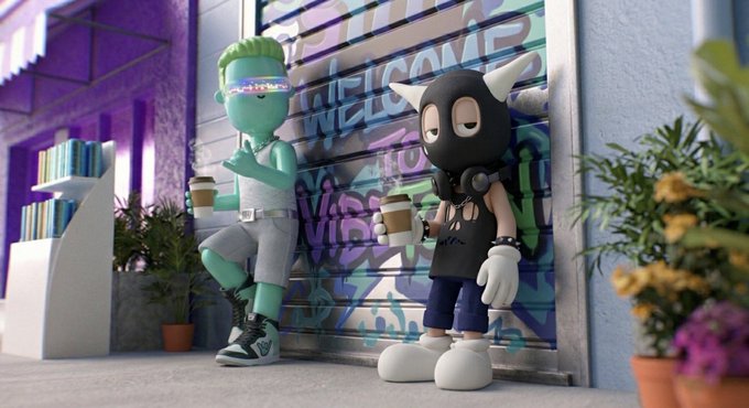 Two 3D cartoon-style figurines, one green-skinned and one in a black horned mask, stand holding coffee cups in front of a graffiti-covered storefront.
