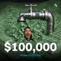 A man's face is photoshopped onto a faucet dispensing money against a green background, with "$100,000" prominently displayed at the bottom, symbolizing the liquid returns and profitable execution price highlighted in the post comparing Bitget rToken's $156.81 execution versus Ondo's $160.49 for Seagate Technology (STX) stock.