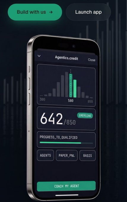 A smartphone mockup displaying an app interface showing "Agentics.credit" with a bar graph, a score of "642/850 EMERGING", and buttons for "Build with us" and "Launch app" at the top.