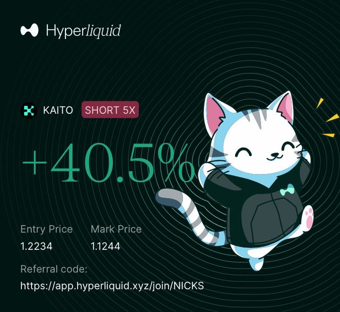 A Hyperliquid promotional graphic features an anime-style cat character with 'KAITO SHORT 5X' showing a +40.5% gain, entry price 1.2234, mark price 1.1244, and a referral code link.