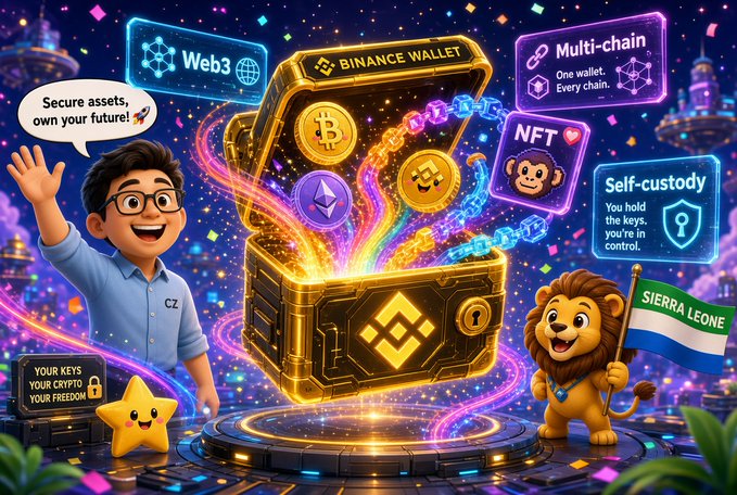 A cartoon illustration showing a Binance Wallet and crypto coins with a smiling man labeled 'CZ', along with text bubbles reading 'Secure assets, own your future!', 'Web3', 'Multi-chain', 'NFT', and 'Self-custody'.
