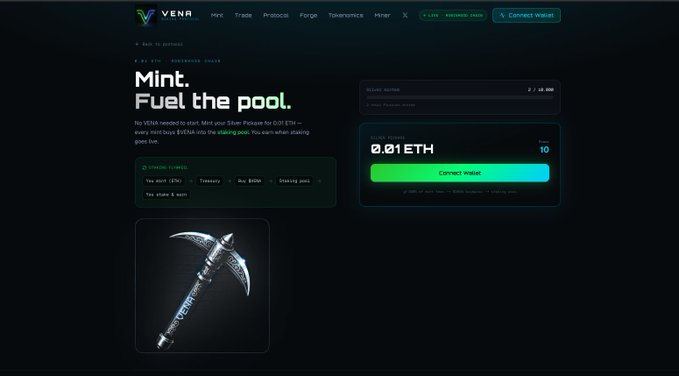 A screenshot of the VANA protocol 'Mint' page with the heading 'Fuel the pool.', showing 0.01 ETH, a Connect wallet button, and an image of a pickaxe.