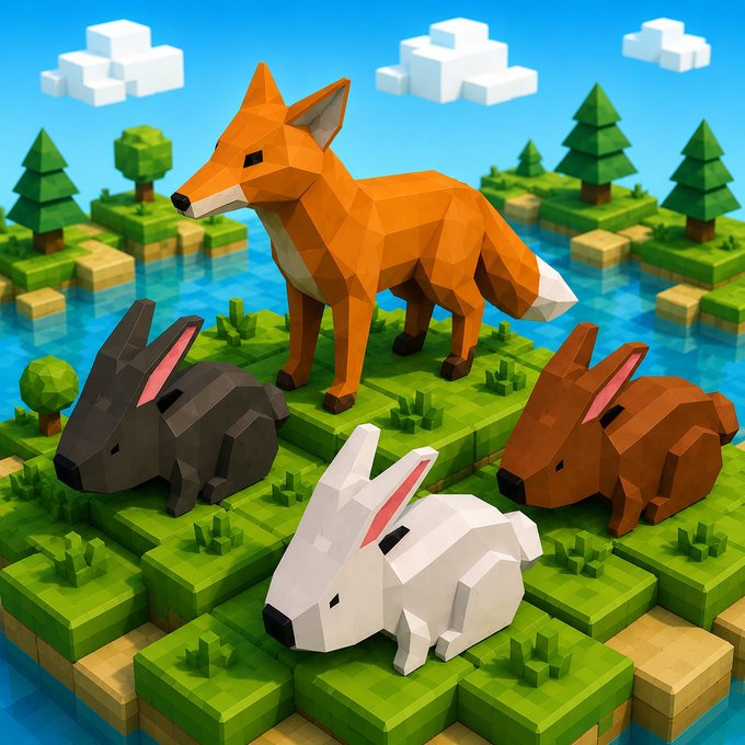 A low-poly 3D rendered scene showing a fox standing on a grass block surrounded by gray, white, and brown rabbits, with pixelated trees and clouds in the background.