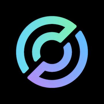 A minimalist circular logo with a gradient from teal to purple on a black background, resembling a stylized "C" or interlocking arcs.