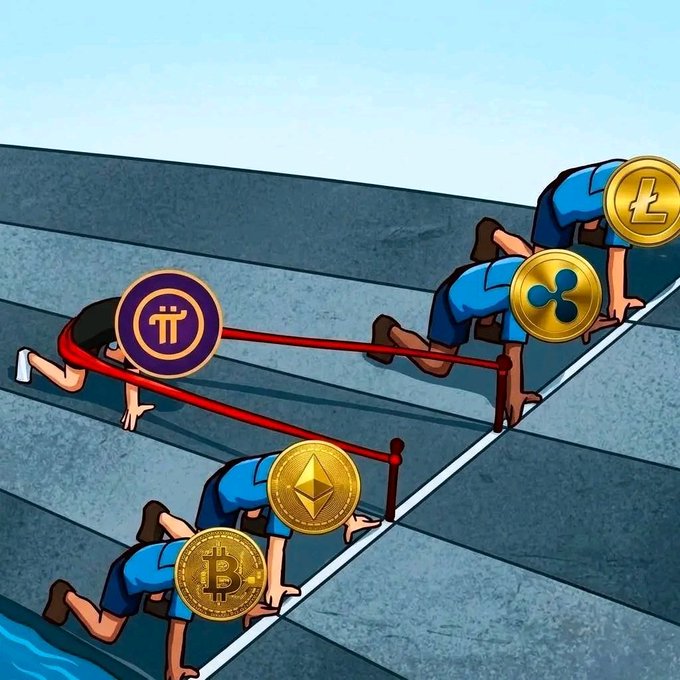 The image illustrates the Pi Network cryptocurrency emerging victorious in a race against major cryptocurrencies like Bitcoin, Ethereum, Ripple, and Litecoin, symbolizing its rise and potential. It connects to the post's message about breaking free from internal struggles to embrace a beautiful change and growth, much like Pi Network breaking through barriers to lead the way.