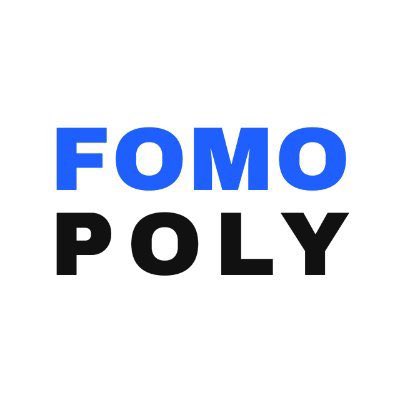The image shows the bold logo text “FOMO POLY,” with “FOMO” in blue above “POLY” in black. It visually represents the Fomopoly onchain game described in the accompanying post.