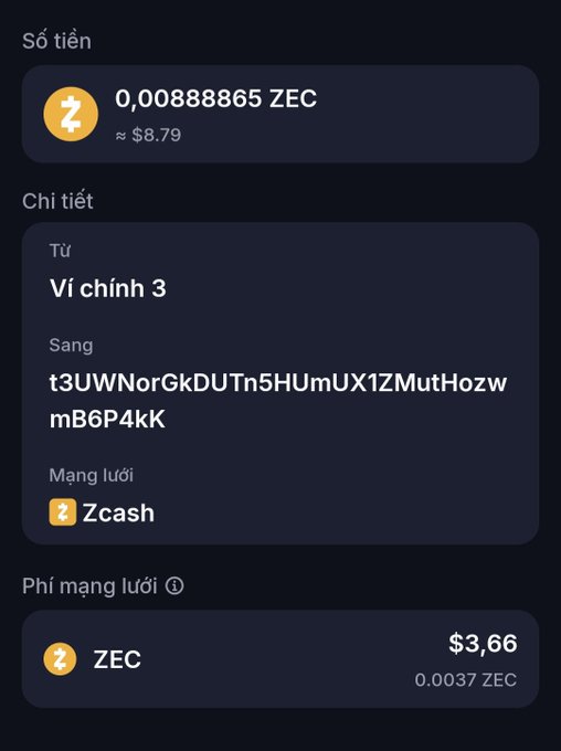 A cryptocurrency transaction screen showing a transfer of 0.00888865 ZEC (≈ $8.79) on the Zcash network, with a network fee of $3.66 (0.0037 ZEC).