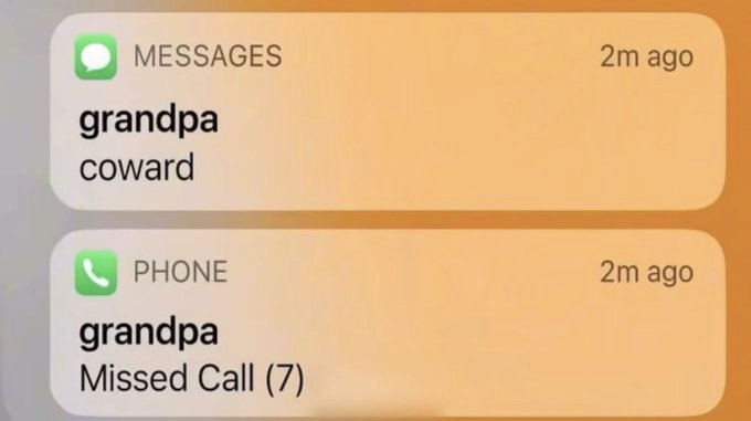 In the image, there are two pieces of text: one in a white font box that reads "Grandpa Coward" and another smaller square that says "Missed Call 7". The larger square also has an image of a phone with a green background on its right side. It appears to be a part of a message or post related to the situation described, which suggests there might have been an incident involving Grandpa Coward and missed calls. The two texts are placed next to each other in the box.