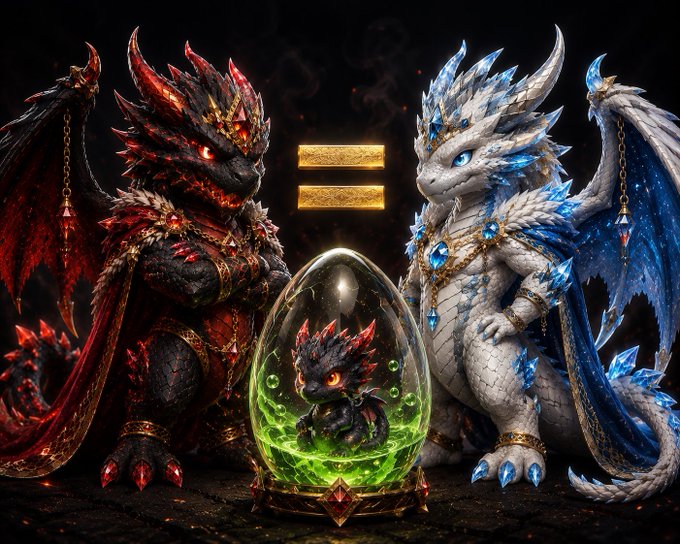 A fantasy illustration of a red dragon and a white dragon standing on either side of an equals sign, with a small dark dragon inside a glowing green egg below them.