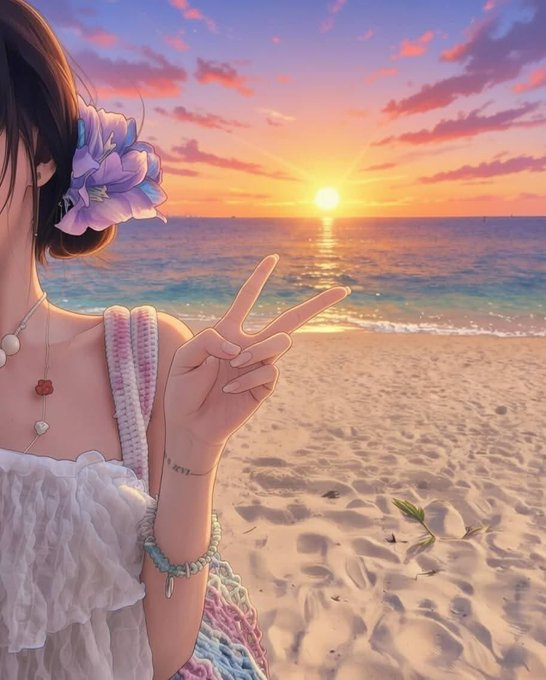 A girl with a purple flower in her hair makes a peace sign on a sunlit beach at sunset, matching the relaxed "Good Evening, calling it a day" vibe of the post as she captures the sun dipping over the ocean.