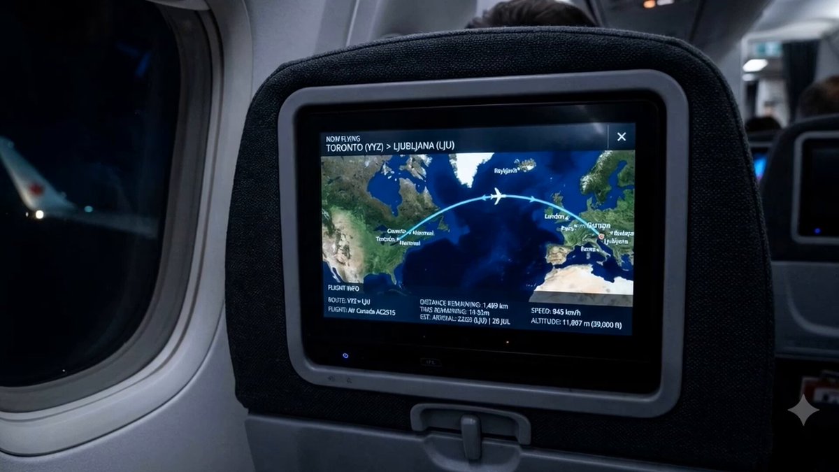 The image shows an airplane seat back with a large screen displaying a map of the world, likely showing the flight path from one country to another. The screen also displays information about the conference held at BCH in Ljubljana, Slovenia on June 26-27, 2006. The post seems to be discussing the differences between Bitcoin and BCH, with some people thinking that BCH is just a copy of Bitcoin.