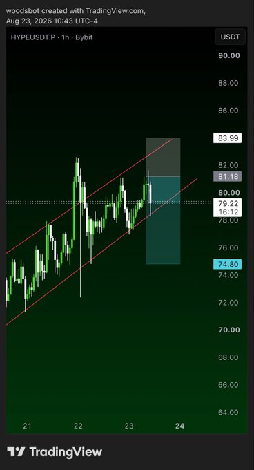 A 1-hour HYPEUSDT.P chart on Bybit shows an upward trend channel with a projected long entry around $74.86 targeting $83.99, aligning with the post's bullish sentiment for crypto on a Sunday while keeping Bitcoin's $74 target in sight.