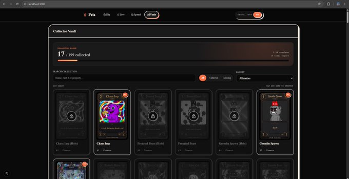 Screenshot of a digital trading card platform called 'Prix' showing a 'Collector Vault' with 17/199 cards collected, featuring various 'Chaos Imp' cards and 'Gremlin Swarm' cards.