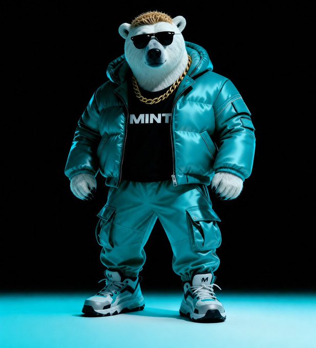 A stylized 3D render of a polar bear wearing sunglasses, a gold chain, a teal puffer jacket over a black 'MINT' t-shirt, teal cargo pants, and chunky sneakers against a black background.
