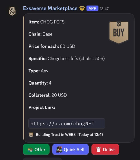 A screenshot of the Exsaverse Marketplace app displaying a 'BUY' listing for CHOG FCFS on the Base chain at 80 USD each, with a quantity of 4 and 20 USD collateral.