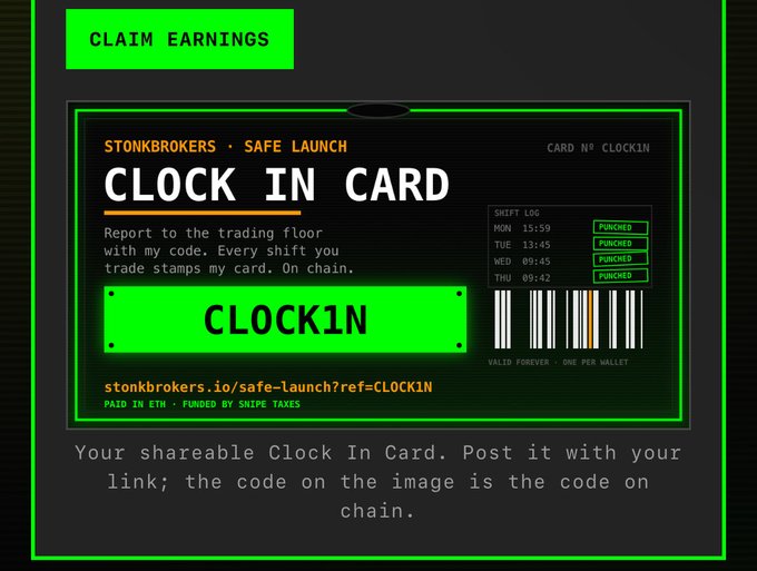A promotional graphic displays a "CLOCK IN CARD" from Stonkbrokers Safe Launch (Card No. CLOCKIN), featuring a shift log with times for MON, TUE, WED, and THU all marked "PUNCHED," along with the code "CLOCK1N" and a barcode for the link stonkbrokers.io/safe-launch?ref=CLOCKIN. The post explains that users can claim this SBT card before August 17th to earn passive rewards from Stonkbroker without needing to hold their NFT, with the code on the image being verifiable on-chain.