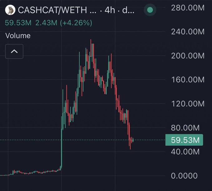 The image shows a CASHCAT/WETH trading chart on a 4-hour timeframe, where volume spiked dramatically to a peak of around 220M before crashing down to 59.53M (a +4.26% gain of 2.43M), illustrating the volatile pump-and-dump pattern of the CASHCAT token that the post is mocking as a failed promise of "bringing cash."