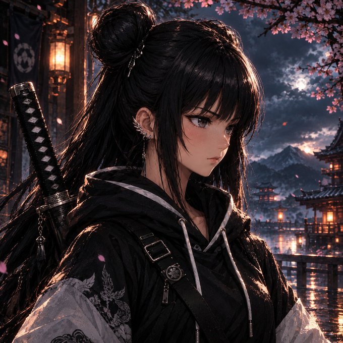 An anime-style illustration of a dark-haired woman in a black hooded outfit with a sword on her back, standing in front of a Japanese-style landscape with cherry blossoms.