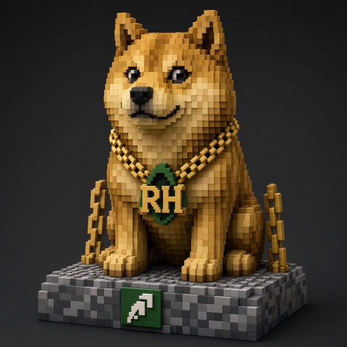 A pixelated 3D brick sculpture of a Shiba Inu dog (the Doge meme) sits atop a stone block base, wearing a gold chain with a green pendant engraved "RH" and displaying the Robinhood logo on the front of the pedestal, visually representing the post's announcement about a major Dogecoin-related development on Robinhood Chain.