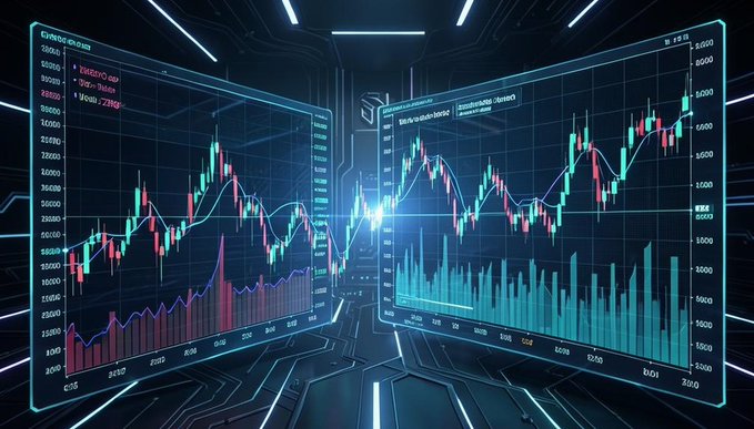 Another futuristic digital display featuring financial trading charts, candlestick graphs, and bar charts in neon blue and pink colors against a dark background with circuit board patterns.