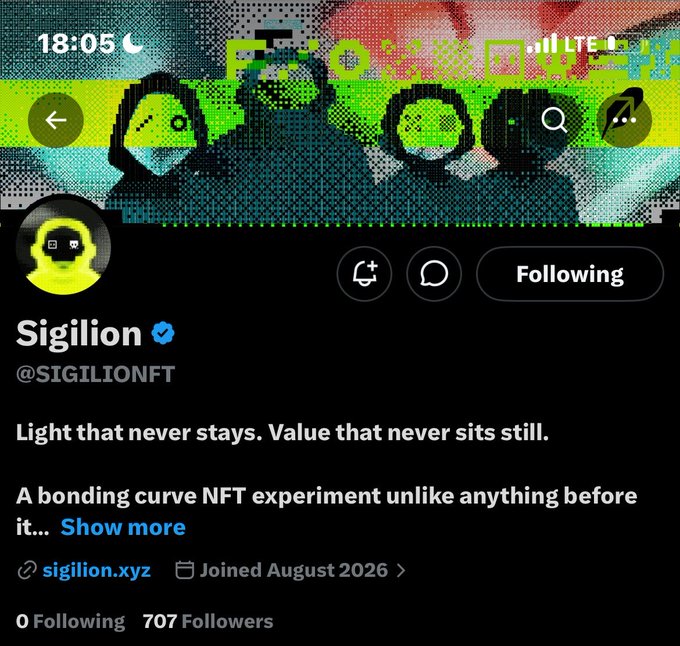 A Twitter/X profile for verified account @SIGILIONFT (Sigilion) shows a header image of hooded figures, with a bio describing a bonding curve NFT experiment and noting 707 followers.