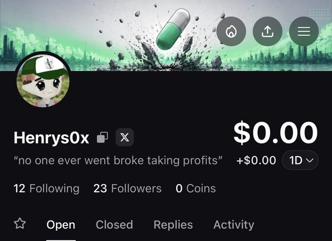 A profile page for "Henrys0x" on the PUMP app shows a $0.00 balance, 23 followers, 12 following, and 0 coins, with the tagline "no one ever went broke taking profits." The header features a cartoon avatar and a green pill graphic smashing through a cityscape, reinforcing the app's playful crypto-themed branding while the user seeks followers for an airdrop.