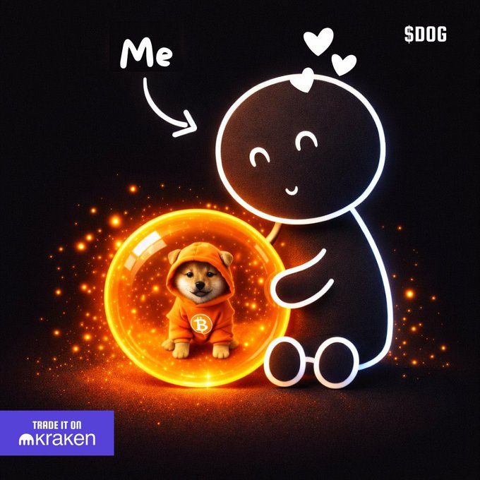 A promotional image for the cryptocurrency $DOG, showing a Shiba Inu dog in an orange hoodie with a Bitcoin logo inside a glowing orange bubble, being hugged by a glowing stick figure labeled "Me". The text "TRADE IT ON kraken" appears in the corner.