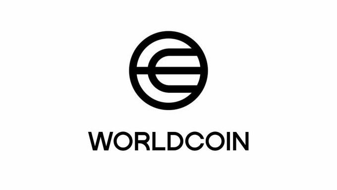The black "WORLDCOIN" logo featuring a stylized circular symbol on a white background.