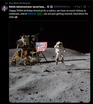 Tweet by Elon Musk mentioning NASA Administrator Jared Isaacman for America's 250th birthday, featuring an iconic Apollo moon landing photo with the text 'God bless the USA'.