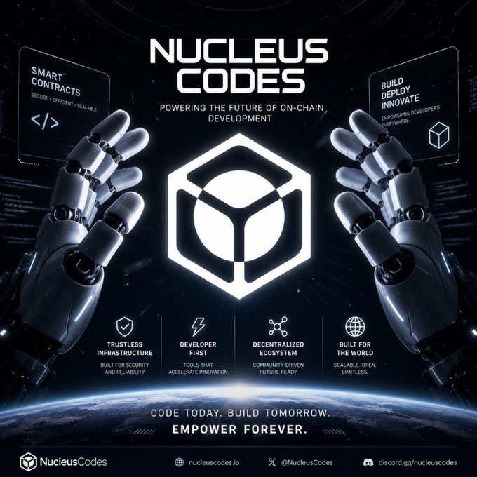 A promotional graphic for 'NUCLEUS CODES' with the tagline 'POWERING THE FUTURE OF ON-CHAIN DEVELOPMENT' features robotic hands and features like 'SMART CONTRACTS' and 'BUILD DEPLOY INNOVATE'.