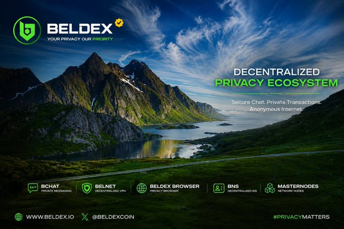 Beldex promotional banner advertising a 'Decentralized Privacy Ecosystem' with secure chat, private transactions, and anonymous internet, featuring BChat, BelNet, BelDex Browser, BNS, and Masternodes, with hashtag #PRIVACYMATTERS.