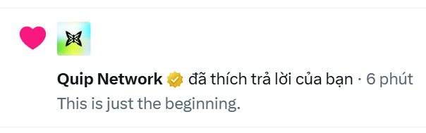 A social media reply from “Quip Network ✅” says it has answered a user’s question “6 phút” earlier and adds, “This is just the beginning.”