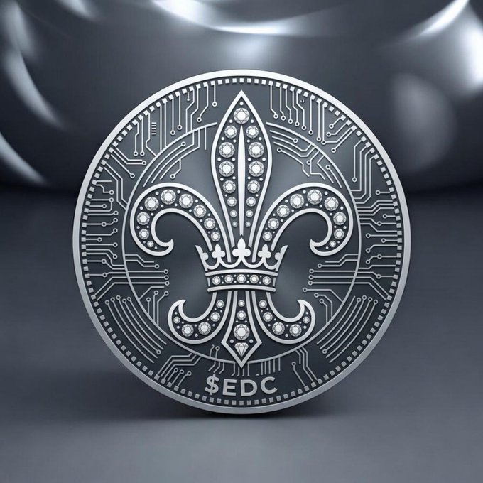 The user wants a concise 1-2 sentence caption describing the image.
I need to identify key visual elements:
- A silver coin/token.
- A large fleur-de-lis symbol in the center, adorned with what looks like diamonds or gems.
- Circuit board patterns in the background of the coin.
- Text at the bottom: "$EDC".
- The background is a dark, metallic, abstract shape.

I need to relate this to the provided text: "Great things are never rushed... One line of code... CA: 55umox3iqudABgAcgRCeZn2CHivYzR8Q5VMxfzXQveuE #EDC #Solana #BUIDLing NFA · DYOR".

The image shows a token labeled "$EDC". The text mentions "#EDC" and "Solana" (implying a blockchain context). The circuit board pattern reinforces the "tech/blockchain