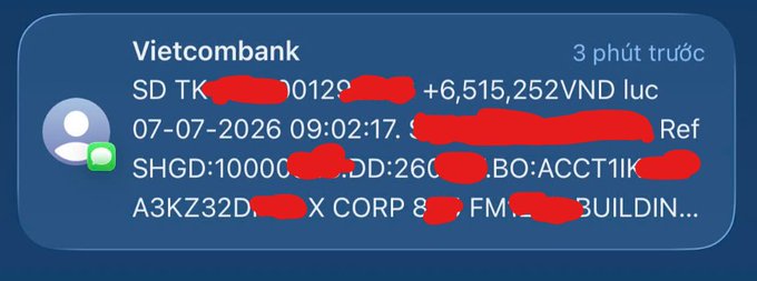 A mobile screenshot of a Vietcombank notification showing an account balance of +6,515,252 VND, dated 07-07-2026, with sensitive account details redacted.