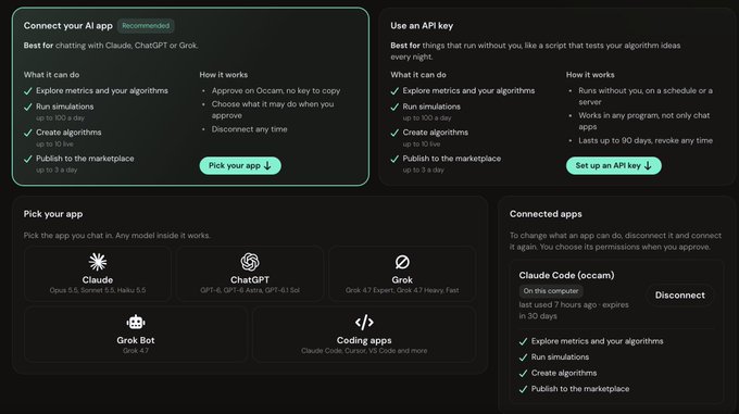 A dark web dashboard offers options to connect an AI app or use an API key, lists services such as Claude, ChatGPT, Grok, Grok Bot, and Coding apps, and shows connected permissions for Claude Code.