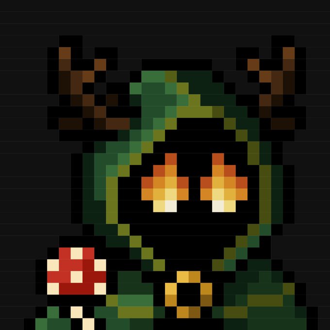 A pixel-art portrait of a green, horned creature with glowing orange flame eyes, matching the post’s “Rank #53 Horned Hood” NFT. The image does not show visible text, numbers, tickers, or names beyond the description in the caption.