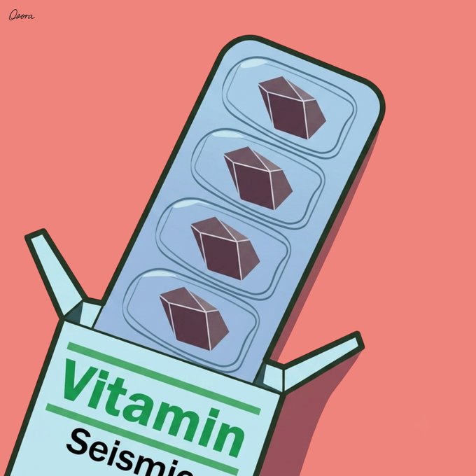 An illustration by Osoira showing a blister pack labeled 'Vitamin Seismic' with chocolate-like cubes inside, set against a pink background.