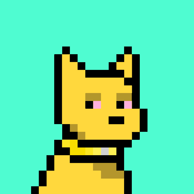 A pixel art illustration of a yellow cat character with black outlines against a bright teal background.