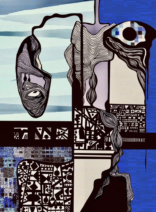 An abstract mixed-media artwork with bold black outlines, featuring fragmented faces, swirling patterns, and geometric shapes in shades of blue, white, and black.