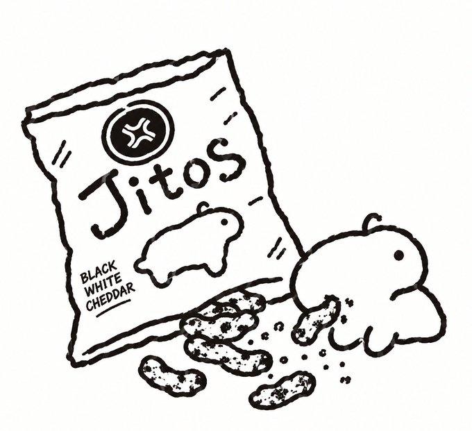 A black and white line drawing illustration shows a bag of 'Jitos' 'BLACK WHITE CHEDDAR' snacks next to a ghost-shaped character eating peanuts.
