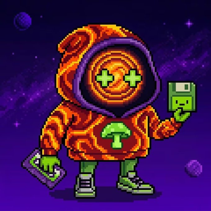 A pixel art character wearing an orange hoodie with glowing green plus-sign eyes holds a vinyl record and a green device against a cosmic purple background, suggesting the collector's focus on trendy, eye-catching NFT artwork that drives social engagement.