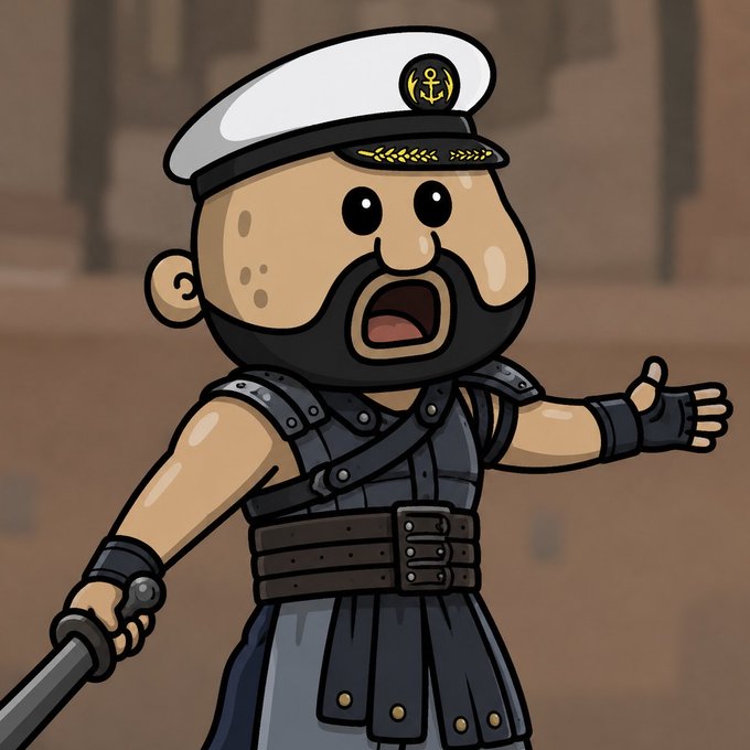A cartoon illustration of a surprised bearded captain or warrior wearing a white naval-style hat and dark armor, holding a sword.