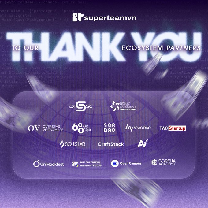 A thank you graphic from superteamvn lists ecosystem partners including OV Overseas Vietnamese, DISSC, Startup Vietnam Foundation, and others.