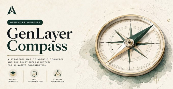 An advertisement for "GenLayer Compass" by Genlayer Genesis, describing it as "A Strategic Map of Agentic Commerce and the Trust Infrastructure for AI Native Coordination," featuring an illustration of a compass.